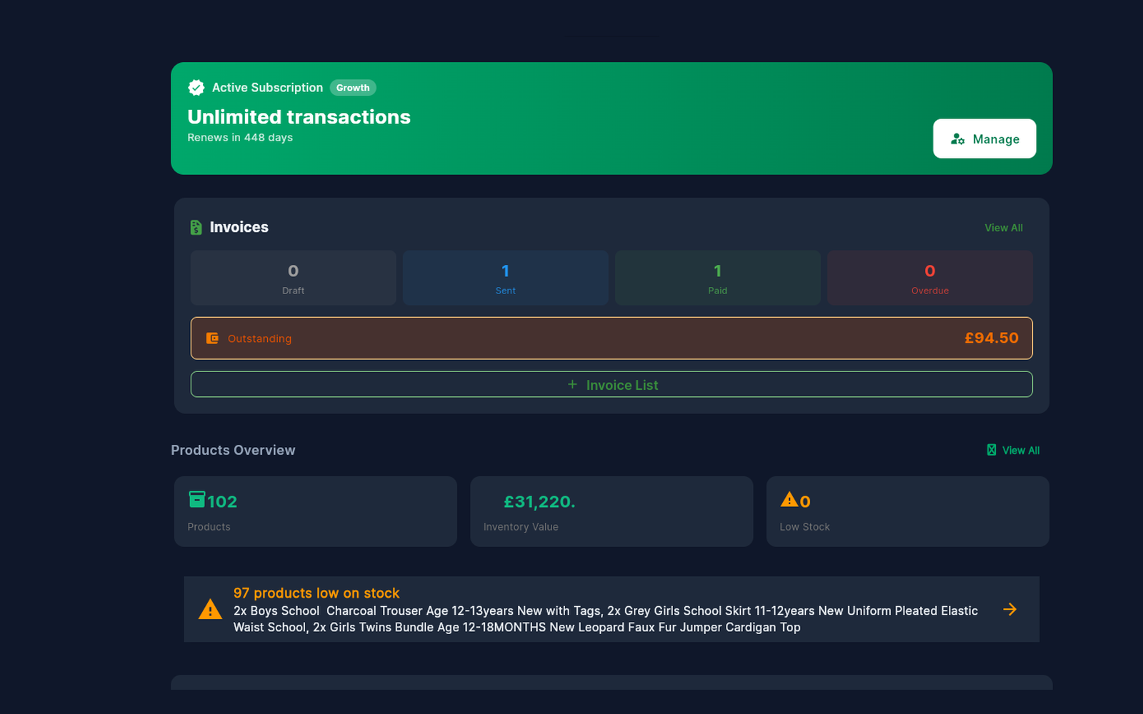 TunedBooks dashboard showing invoices, outstanding balance, product count and inventory value