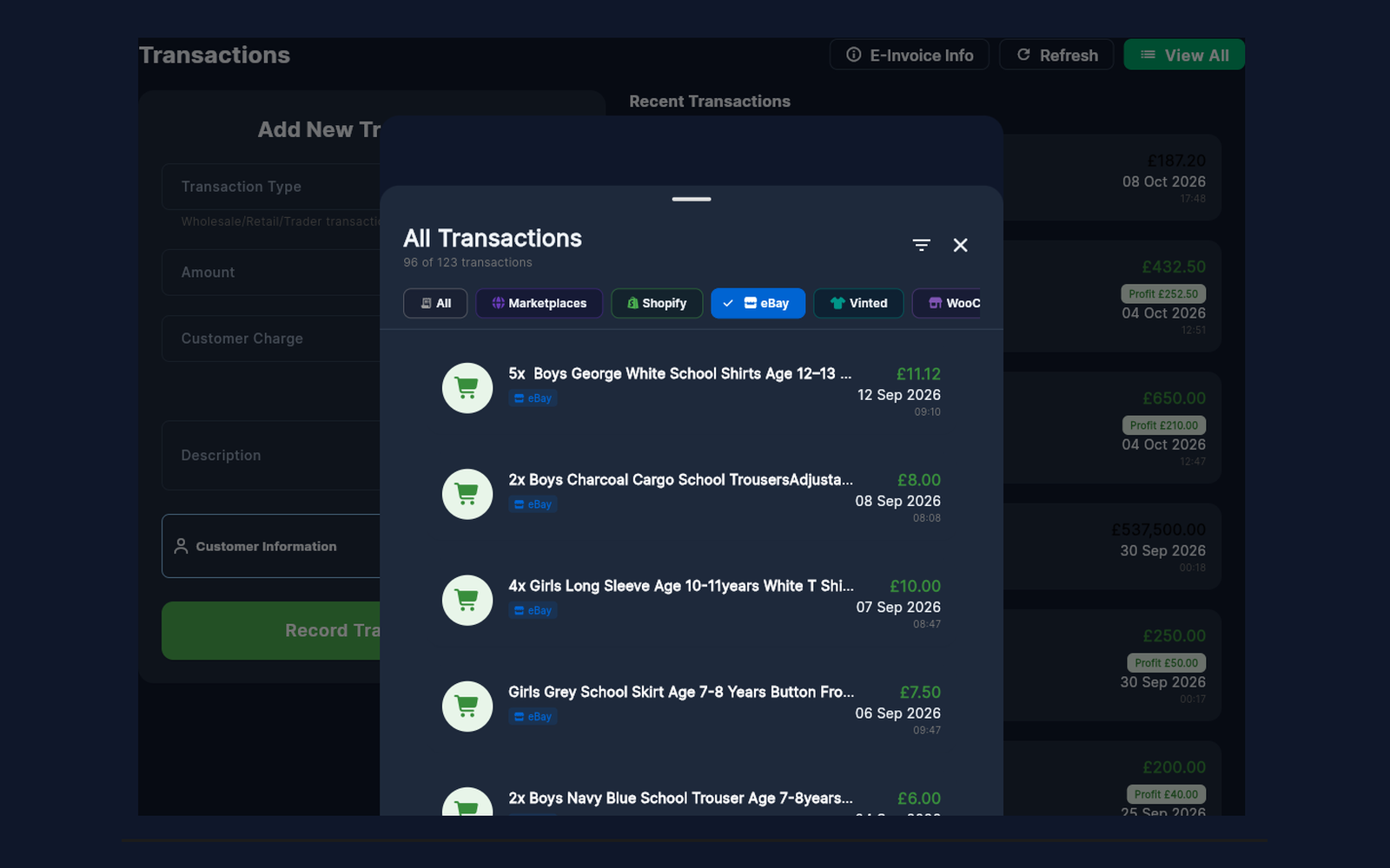 TunedBooks showing eBay, Vinted, Shopify and WooCommerce sales filtered in one transaction list