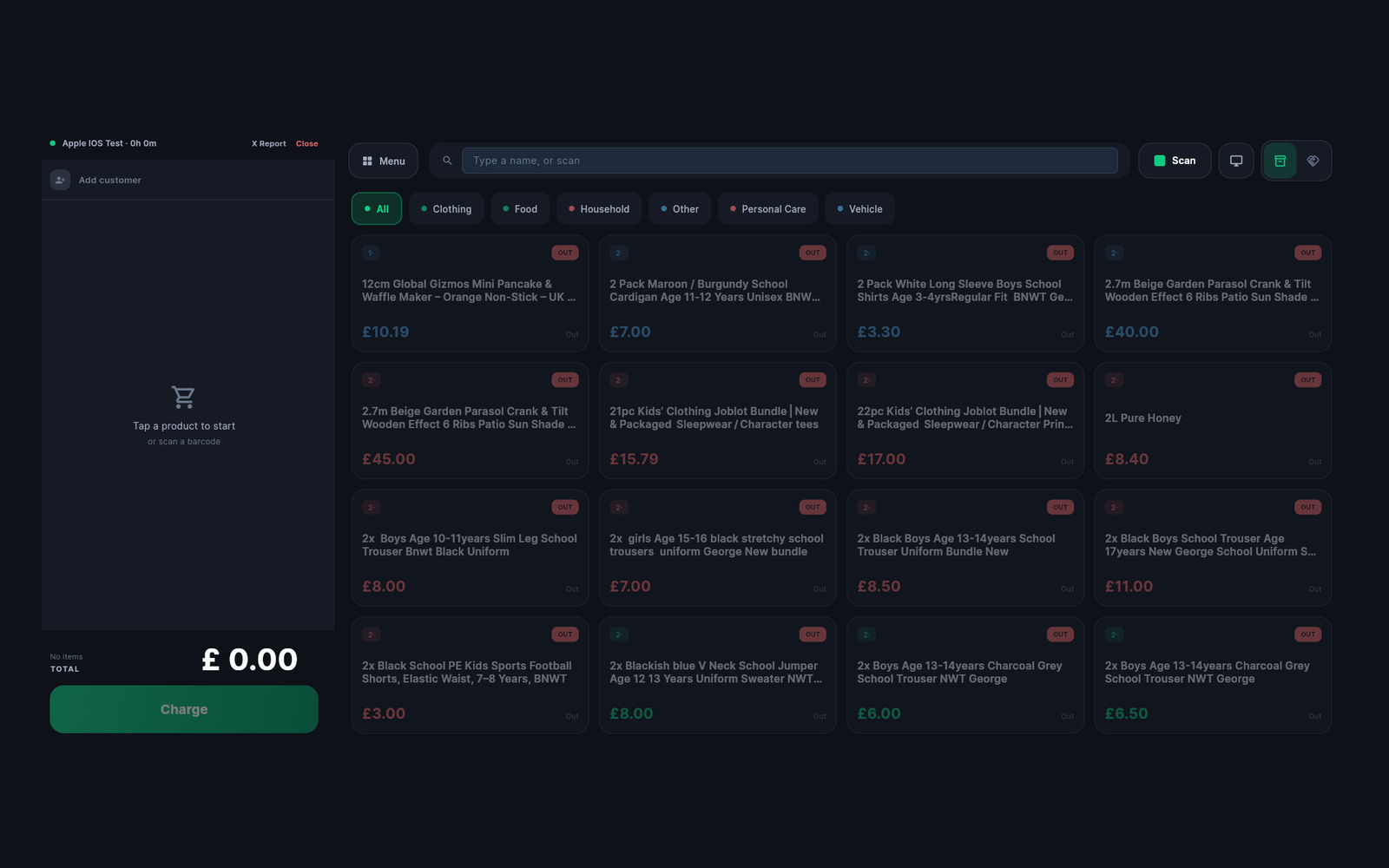 TunedBooks till screen with a searchable product grid and barcode scanning